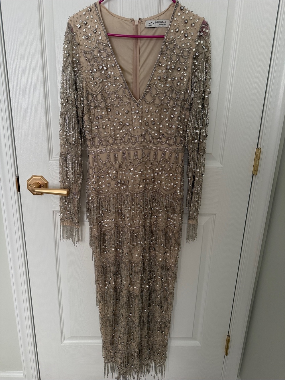 Mac Duggal Beige V-Neck Long Sleeve Beaded Fringe Dress
